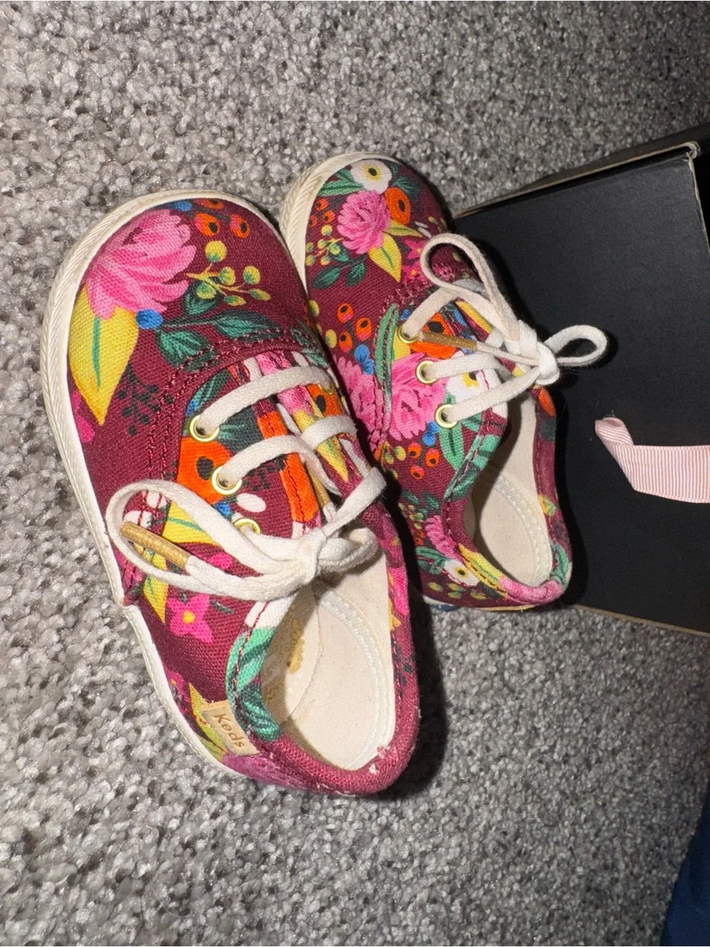 Keds Kids Floral Canvas Sneakers in Burgundy with Pink & Orange Accents